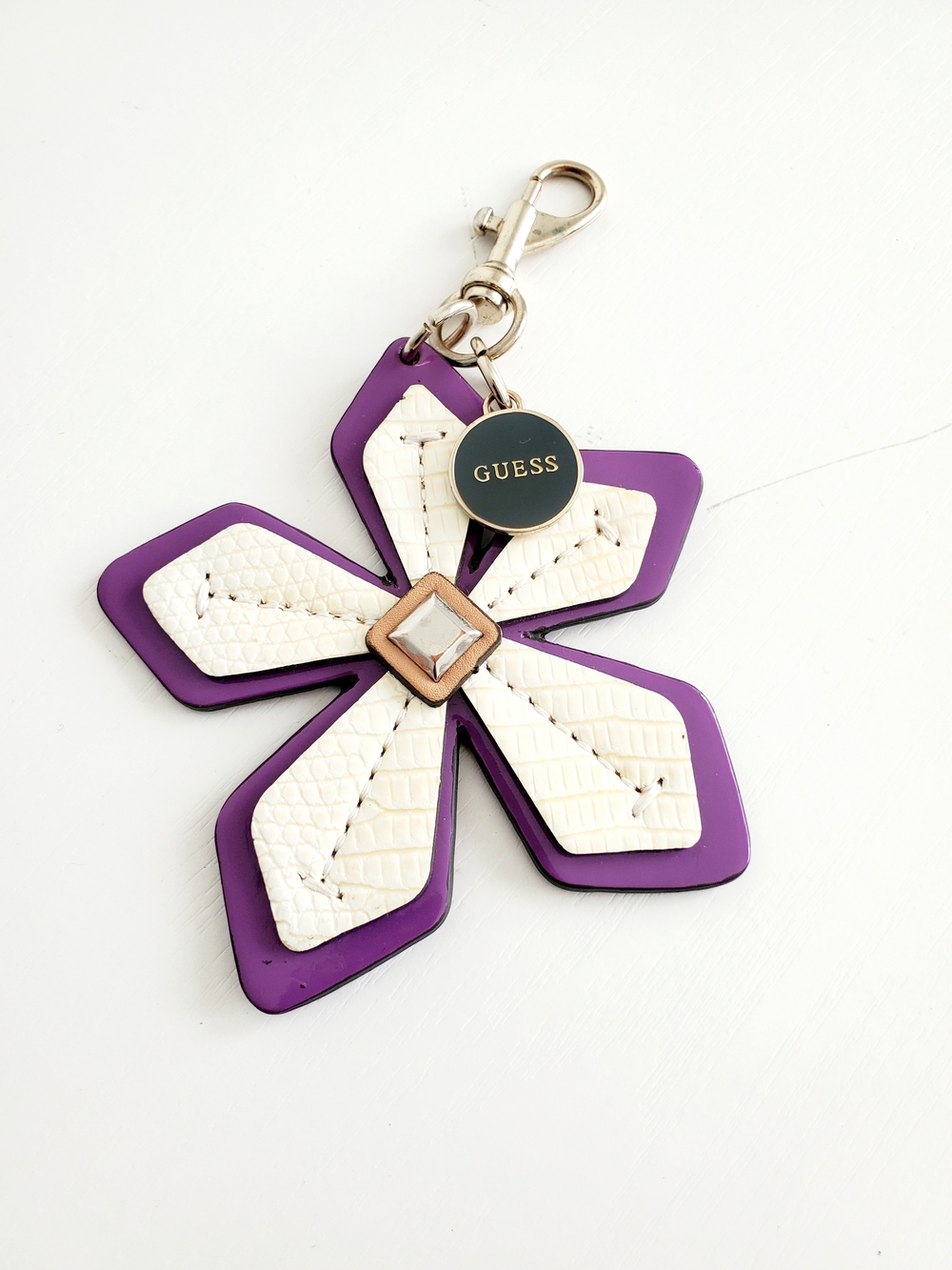 GUESS Purple & White Floral Leather Key Charm with Gold Hardware